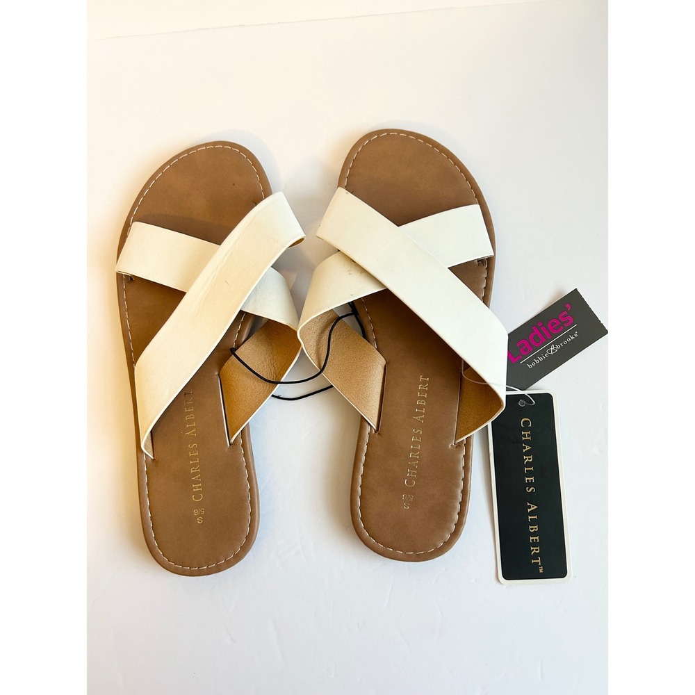 Charles Albert Womens Cross Strap Slide Sandals White Tan Flat Size S 5/6 NEW - Picture 2 of 6